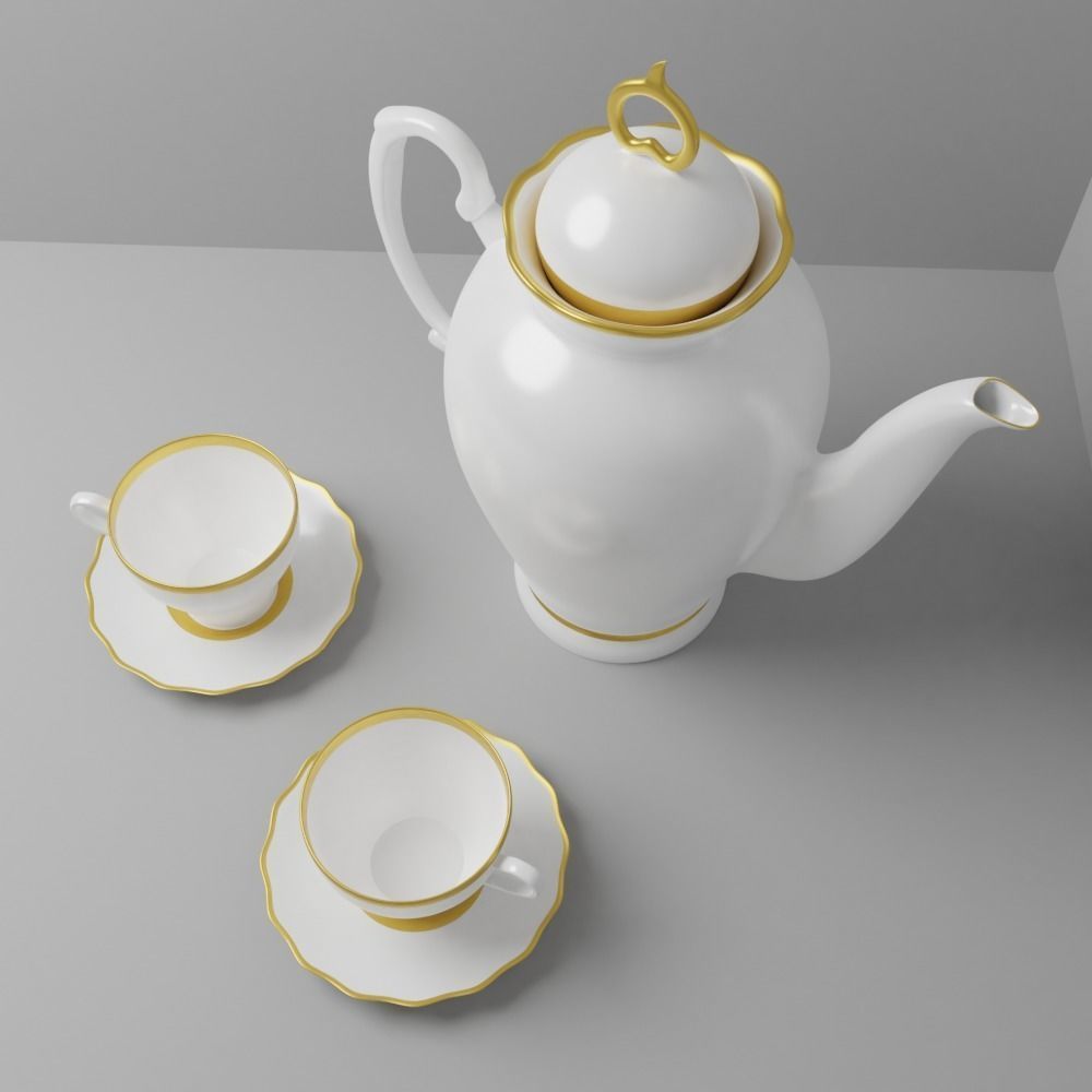 Antique tea set for two with elegant teapot Low-poly 3D model_1