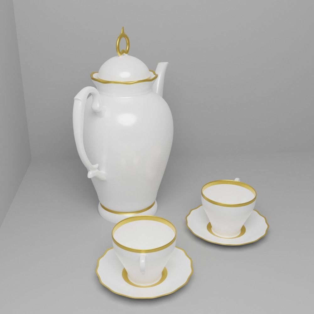 Antique tea set for two with elegant teapot Low-poly 3D model_4