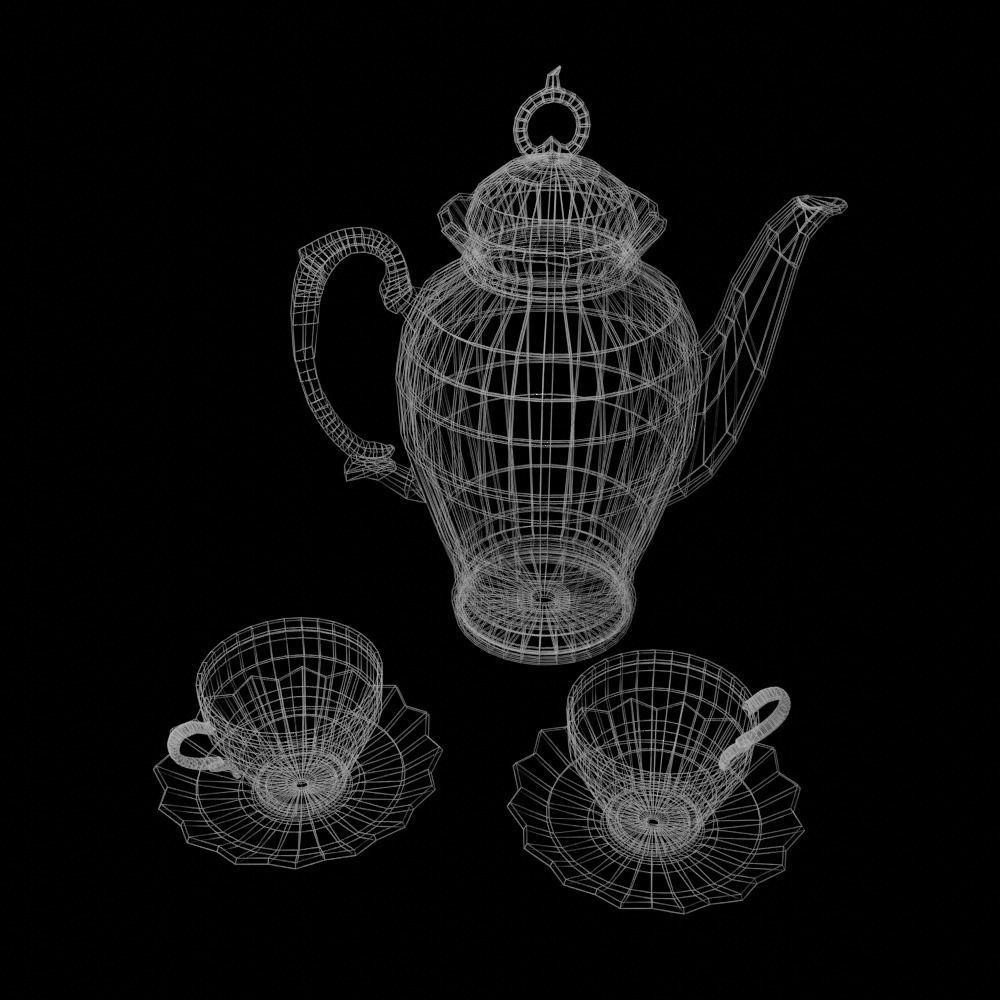 Antique tea set for two with elegant teapot Low-poly 3D model_3