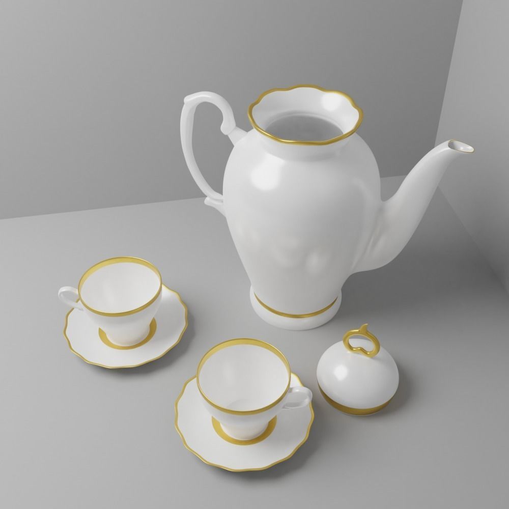 Antique tea set for two with elegant teapot Low-poly 3D model_2