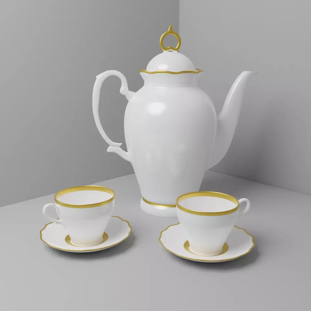 Antique tea set for two with elegant teapot Low-poly 3D model_0