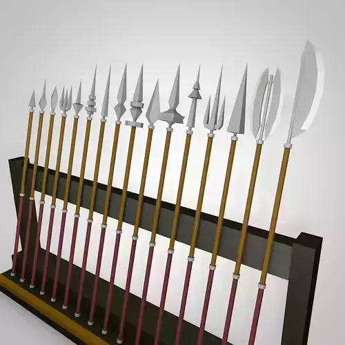 Low Poly Pikes swords on wooden rack