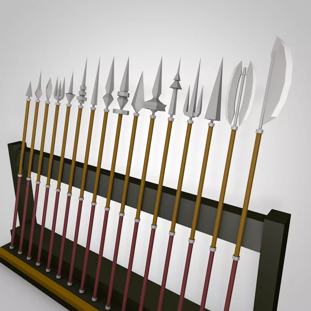 Low Poly Pikes swords on wooden rack Low-poly 3D model_0