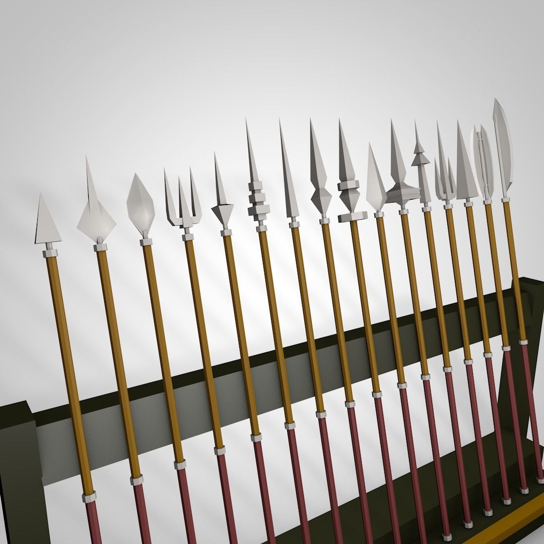 Low Poly Pikes swords on wooden rack Low-poly 3D model_1