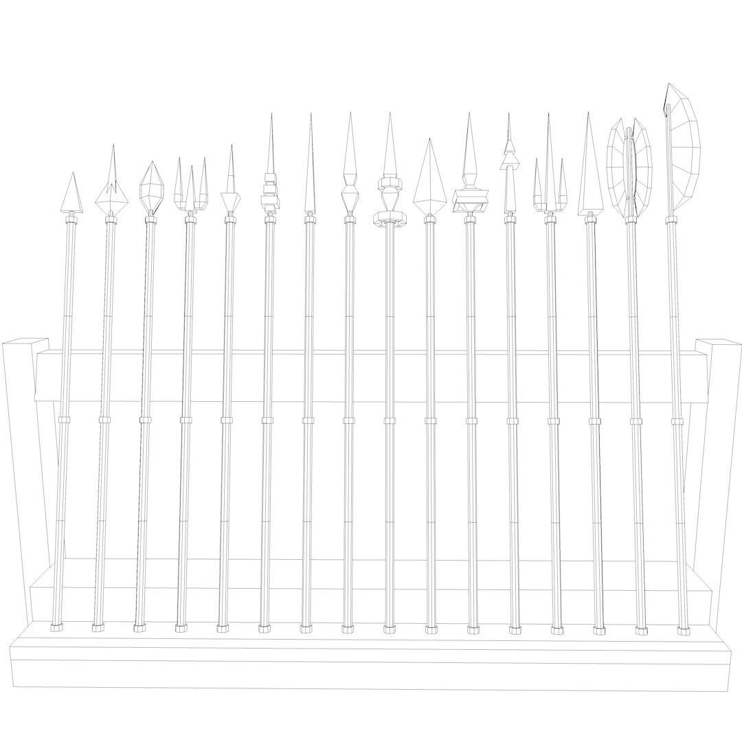Low Poly Pikes swords on wooden rack Low-poly 3D model_5