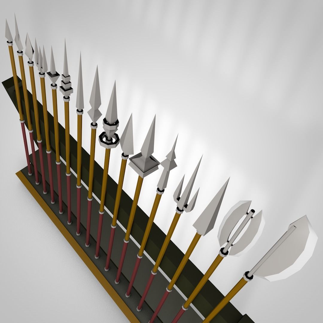 Low Poly Pikes swords on wooden rack Low-poly 3D model_3