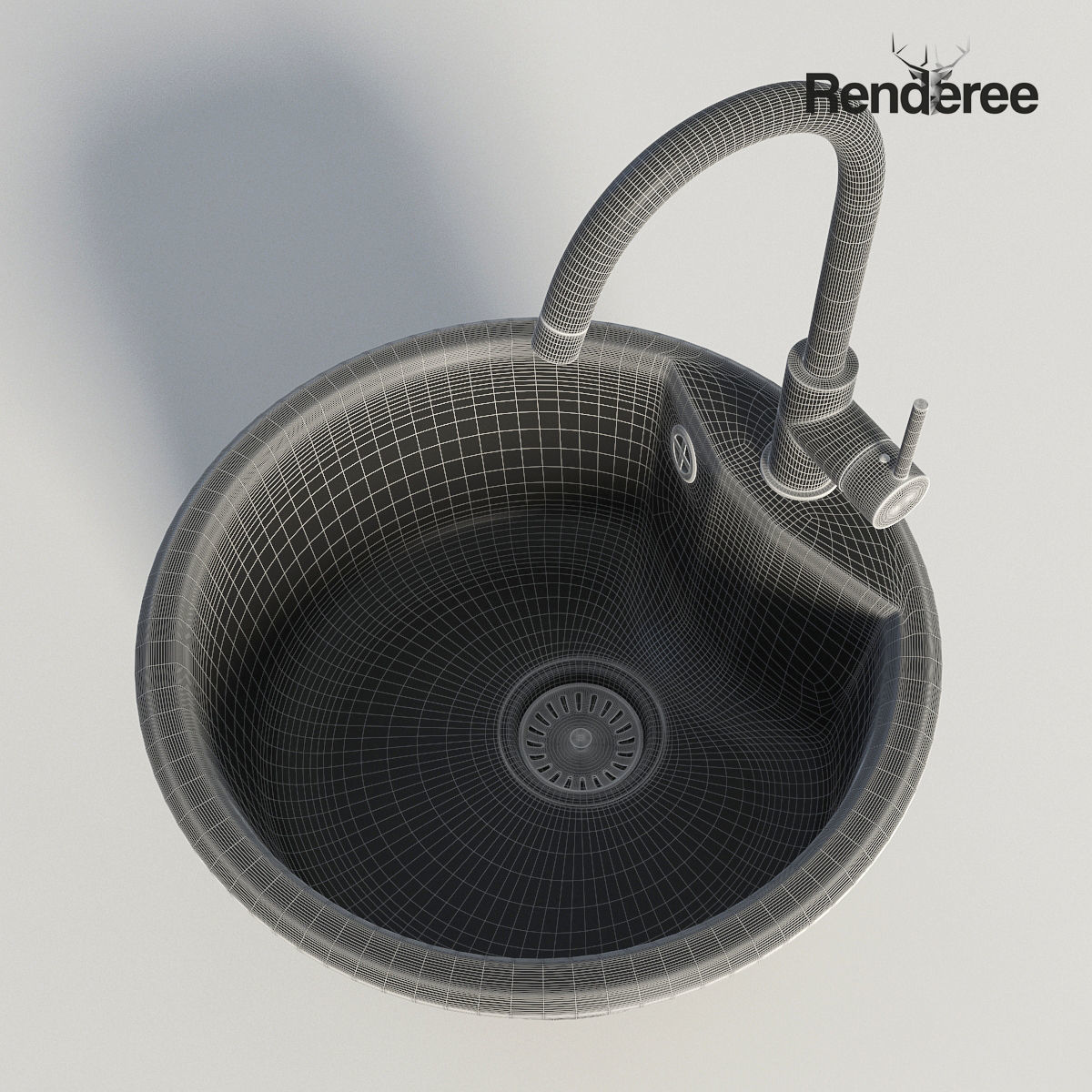 Kitchen Black Single Round Sink 3D model_9