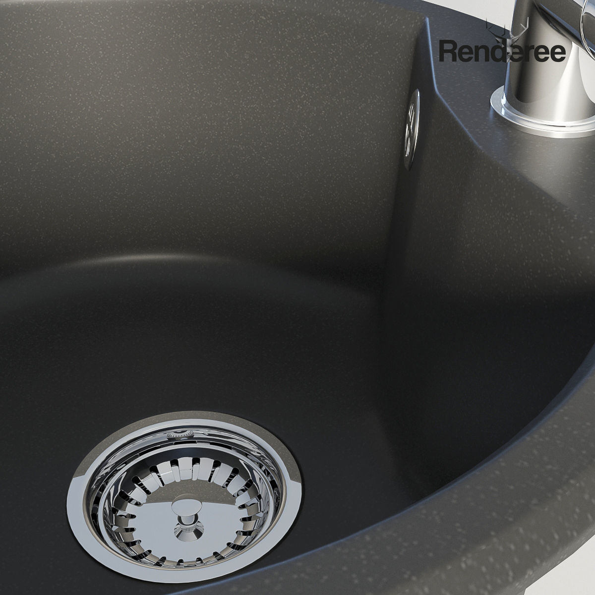 Kitchen Black Single Round Sink 3D model_5