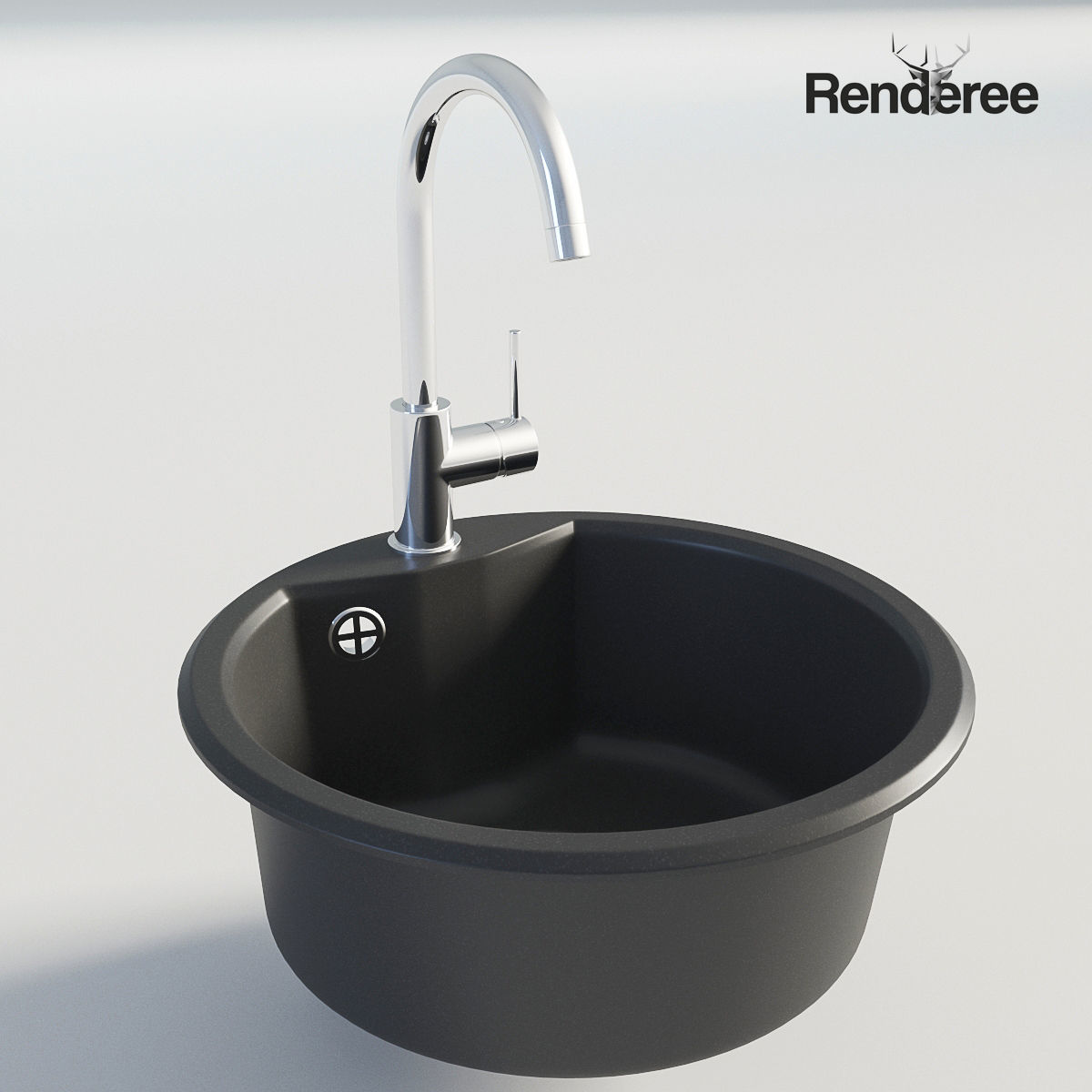 Kitchen Black Single Round Sink 3D model_1