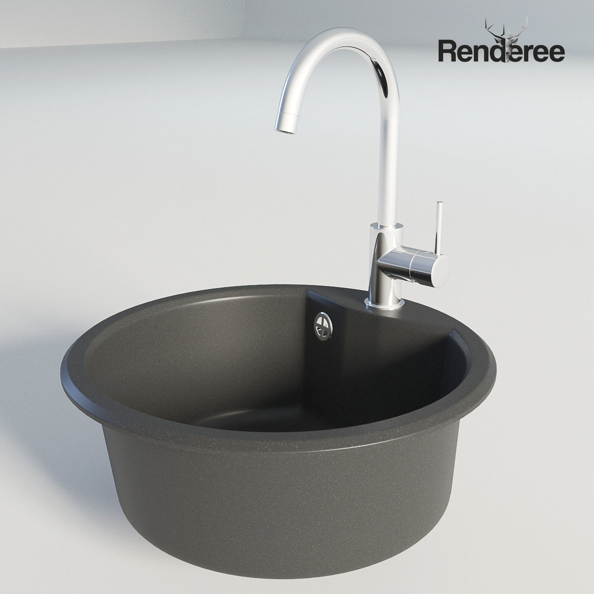 Kitchen Black Single Round Sink 3D model_2