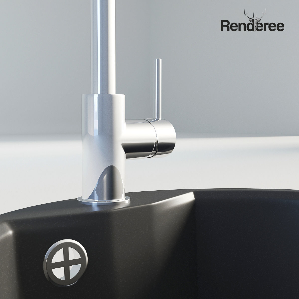 Kitchen Black Single Round Sink 3D model_4