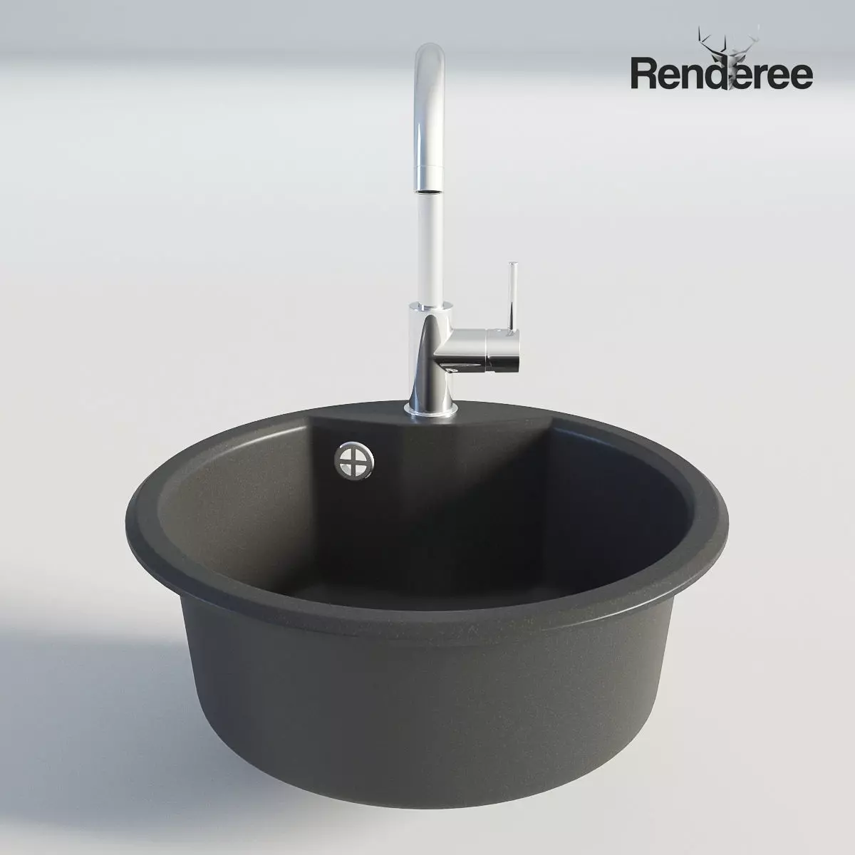Kitchen Black Single Round Sink 3D model_0