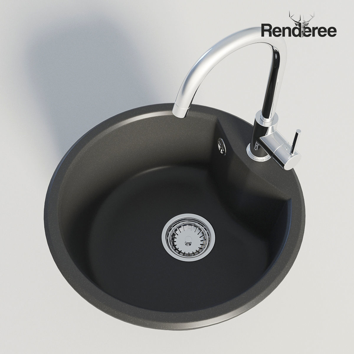 Kitchen Black Single Round Sink 3D model_3