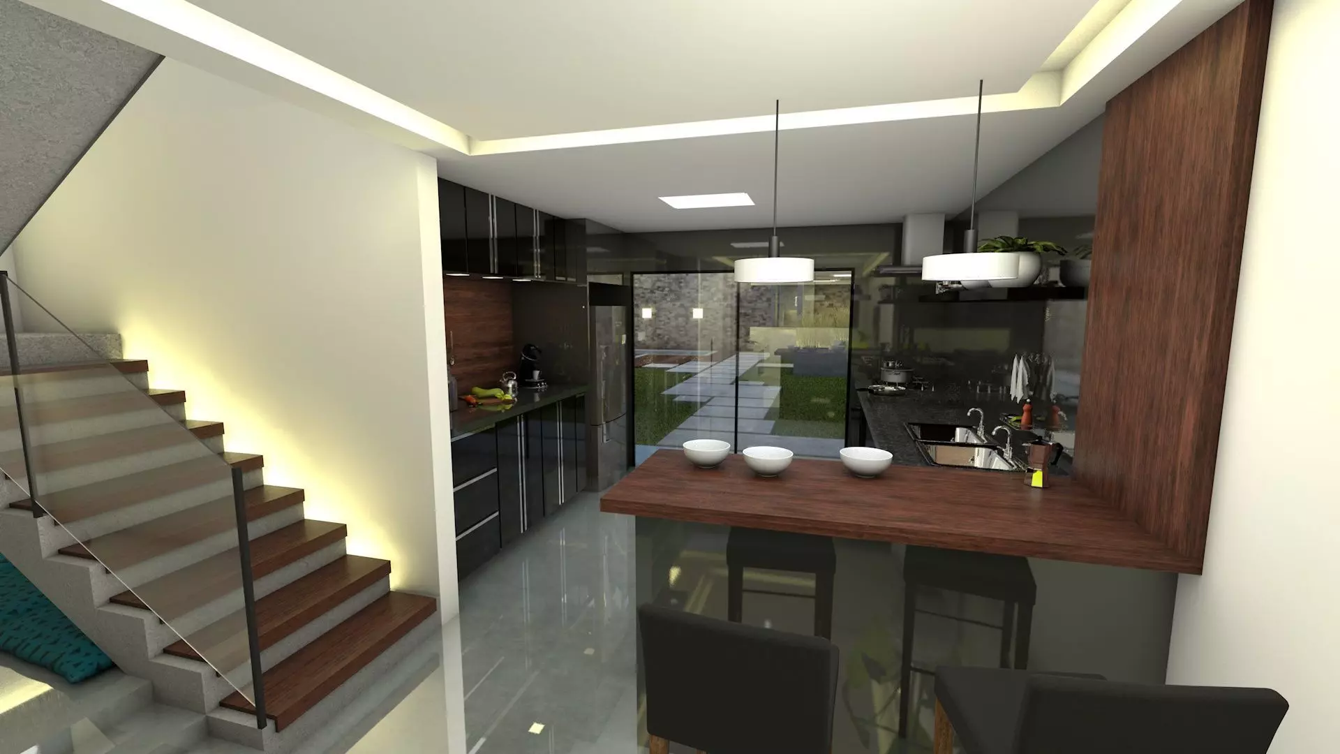 Cozinha modern kitchen with stairs and lighting 3D model_0