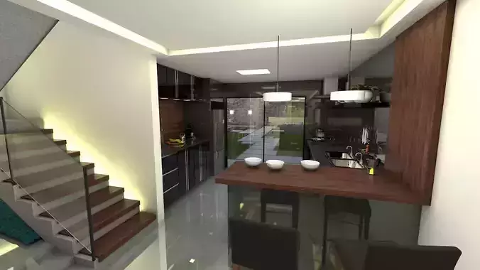 Cozinha modern kitchen with stairs and lighting