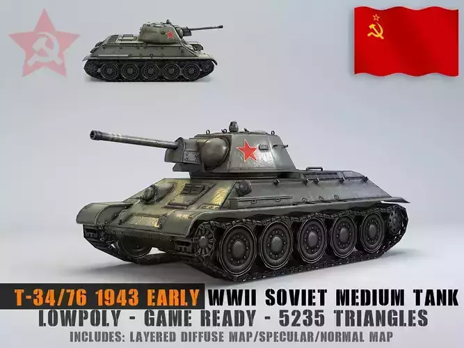 Low Poly T-34-76 1943 early medium tank Low-poly 3D model