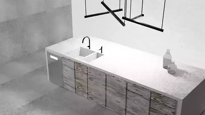 Kitchen island joinery with overhanging feature pendant lighting 3D model