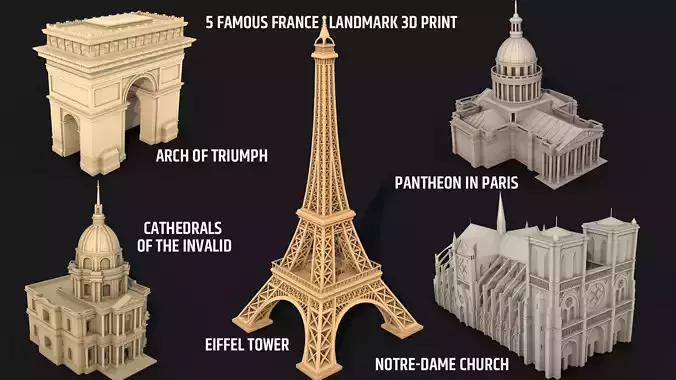 5 Famous Landmark France Sightseeing 3D Print Low Poly Low-poly 3D model
