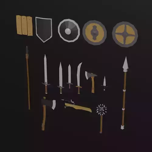Low-poly medieval weapons and shield Low-poly 3D model