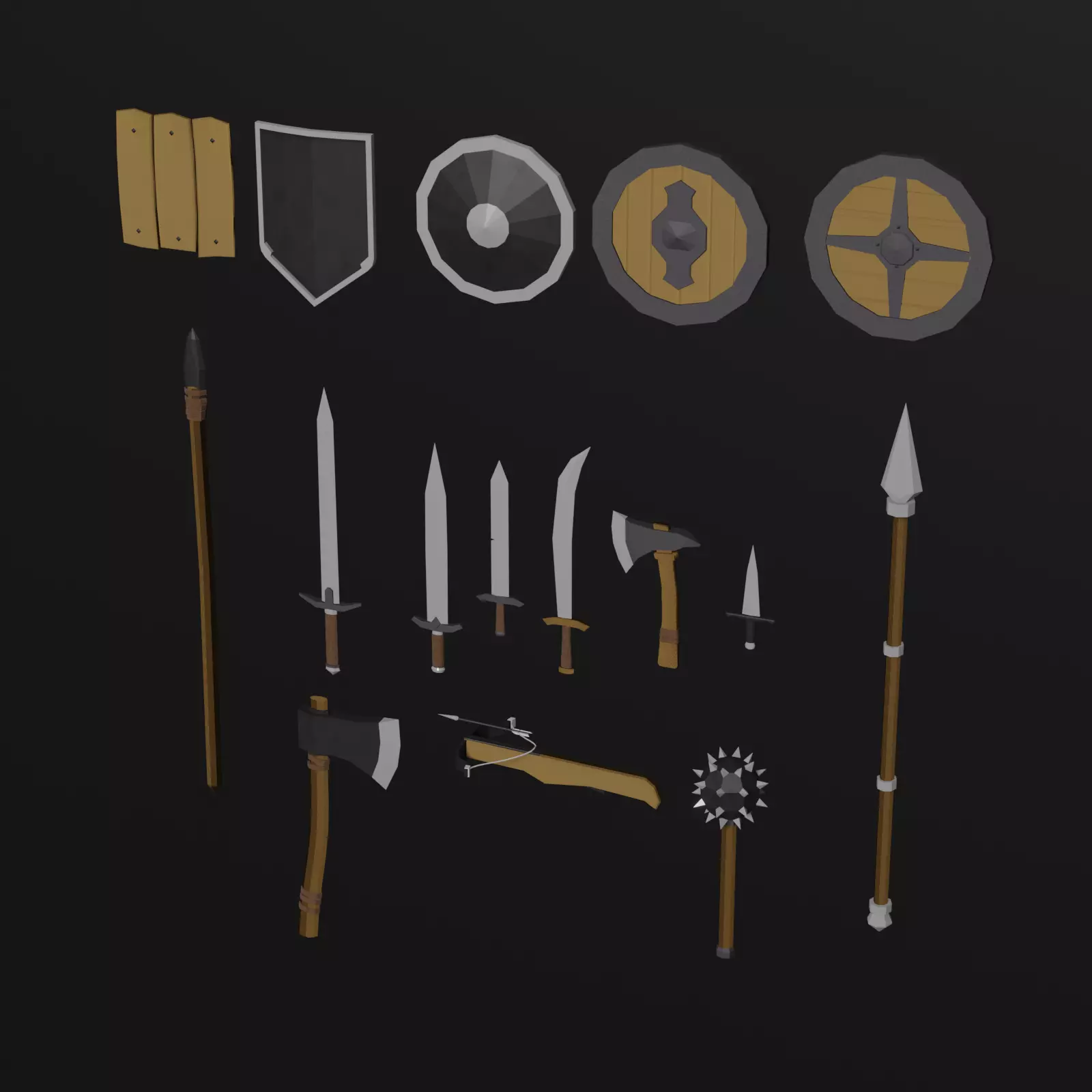 Low-poly medieval weapons and shield Low-poly 3D model_0