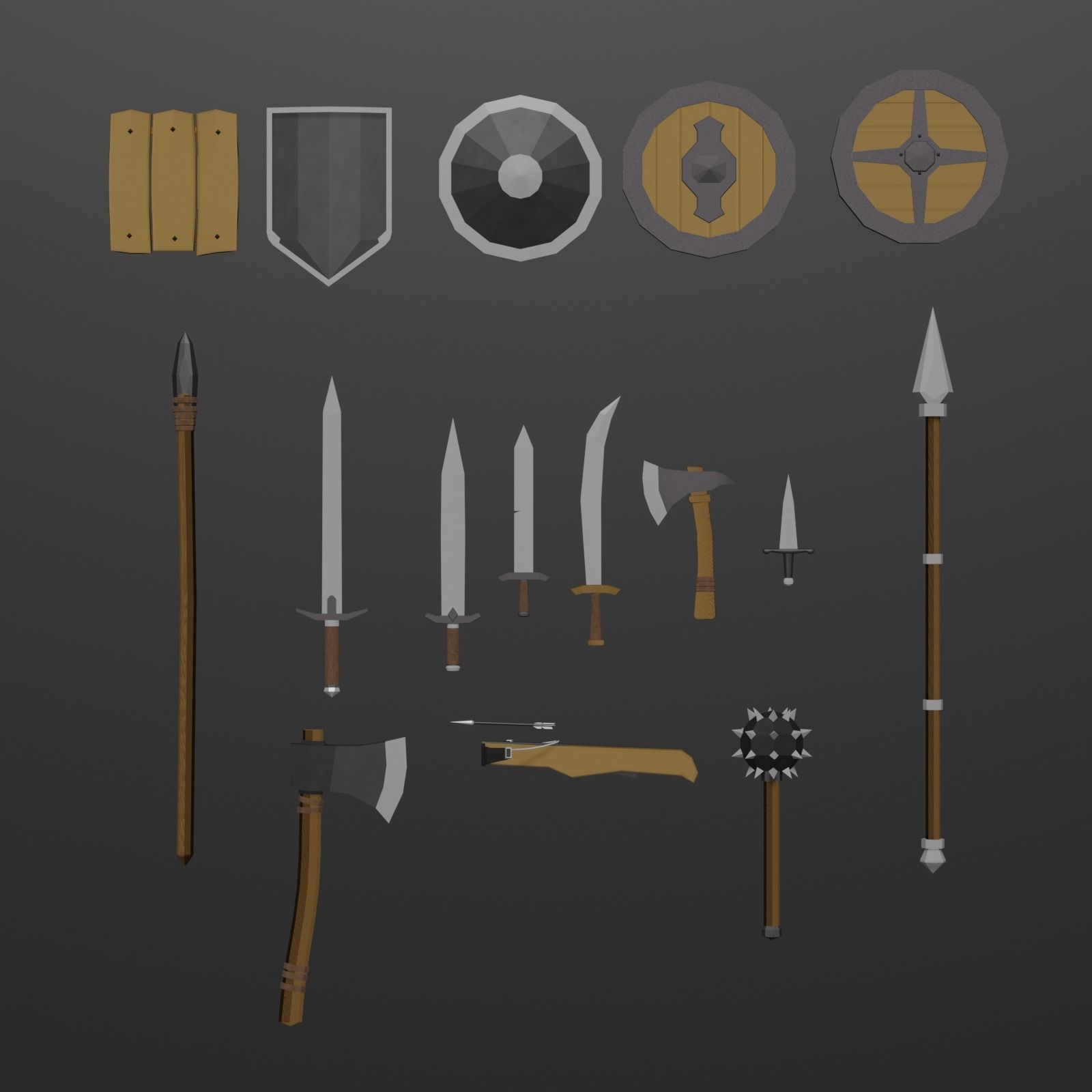 Low-poly medieval weapons and shield Low-poly 3D model_1