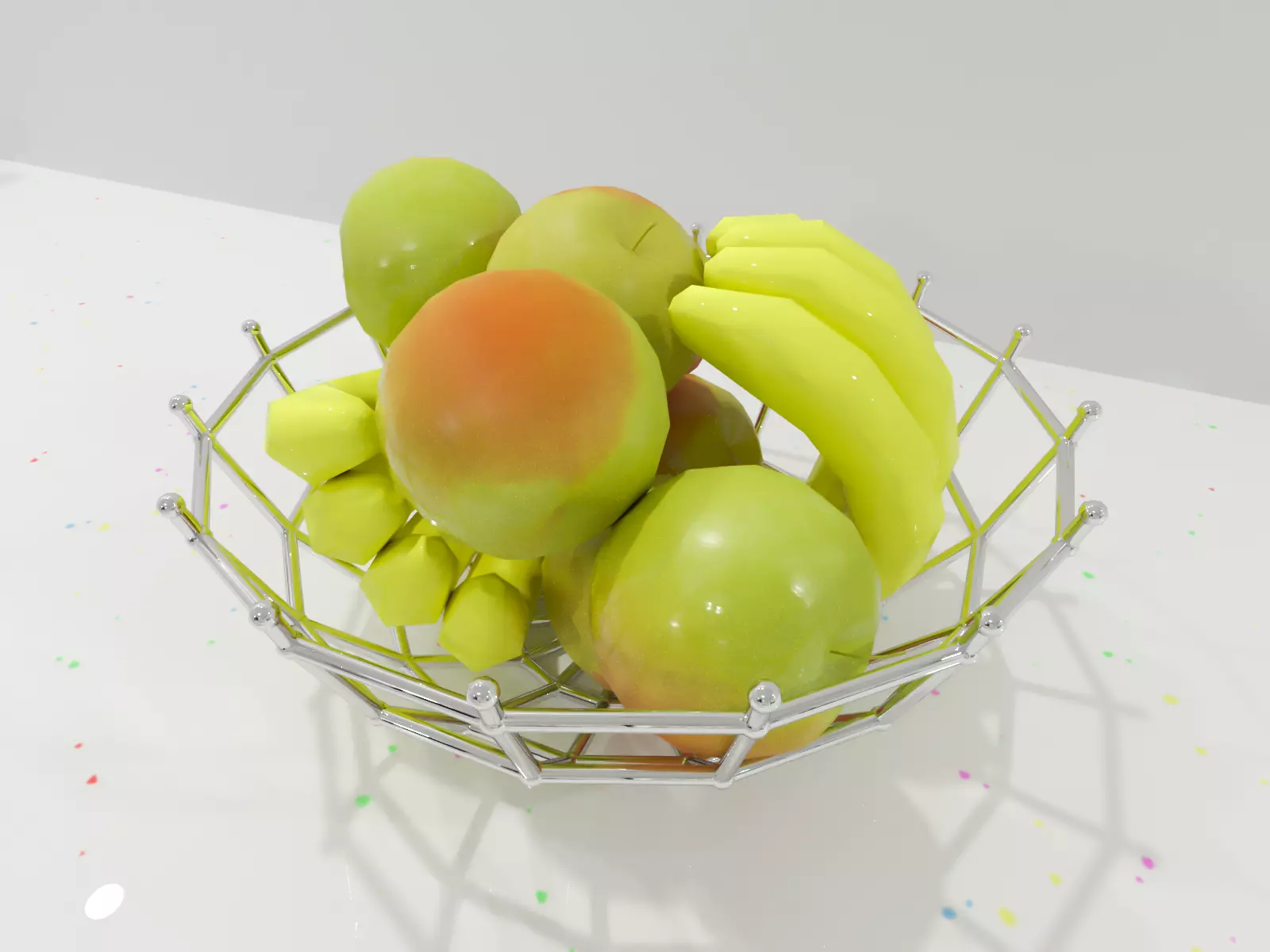 Fruit basket with apples and bananas Low-poly 3D model_0