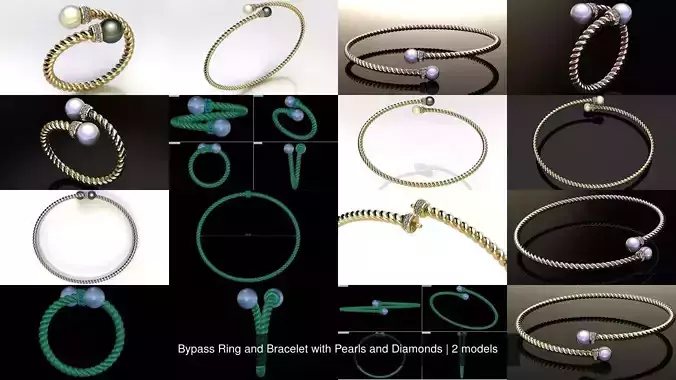 Bypass Ring and Bracelet with Pearls and Diamonds 3D Model Collection