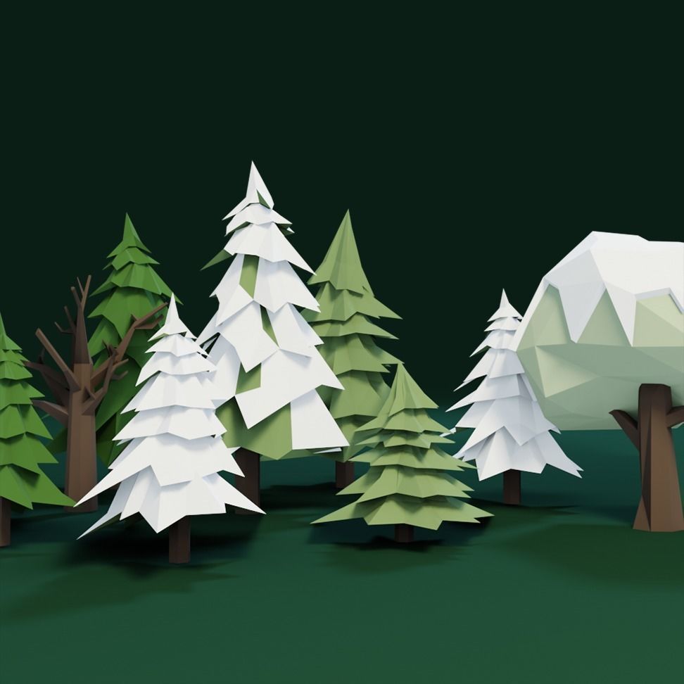 Low Poly Trees group of in origami style Low-poly 3D model_3