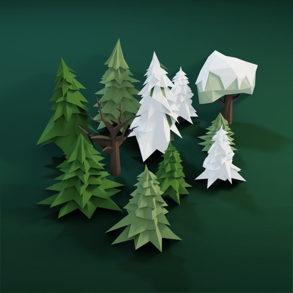 Low Poly Trees group of in origami style Low-poly 3D model_1