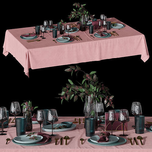 Table setting with eucalyptus 3D model