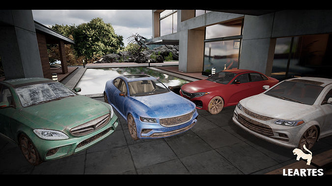 Sedan Car Vehicles Set Driveable Animated Realistic Set of 4 Low-poly 3D model