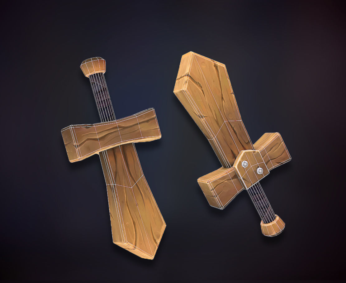 Wooden Shield and Sword Low-poly 3D model_4