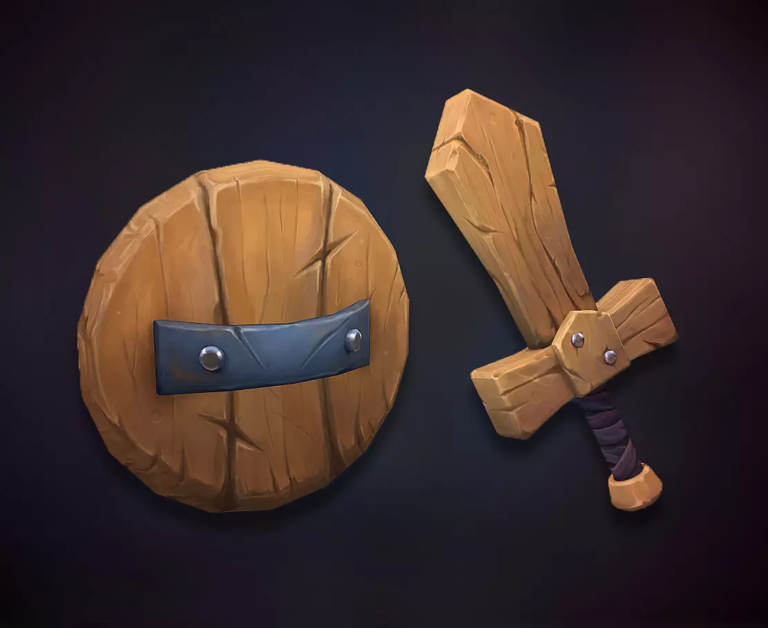 Wooden Shield and Sword Low-poly 3D model_0