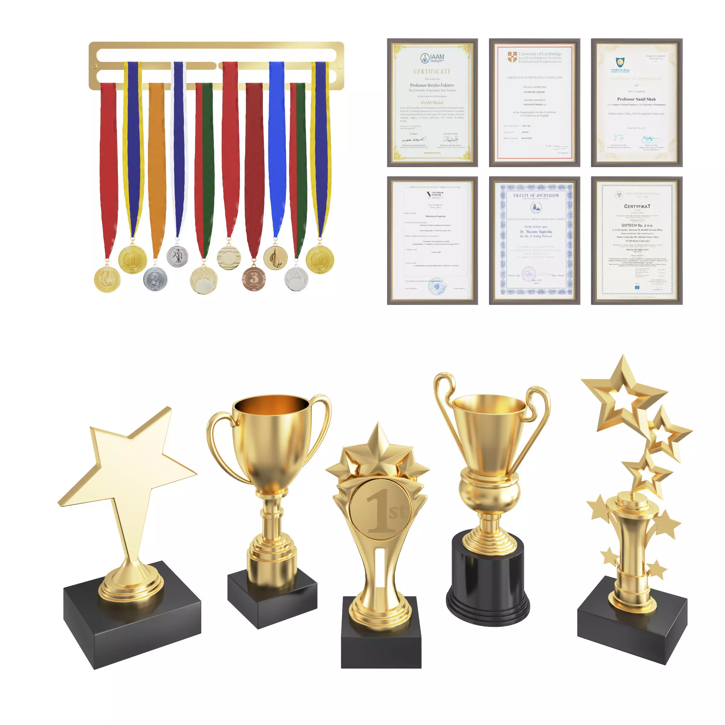 Awards set trophies and medals 3D model_0