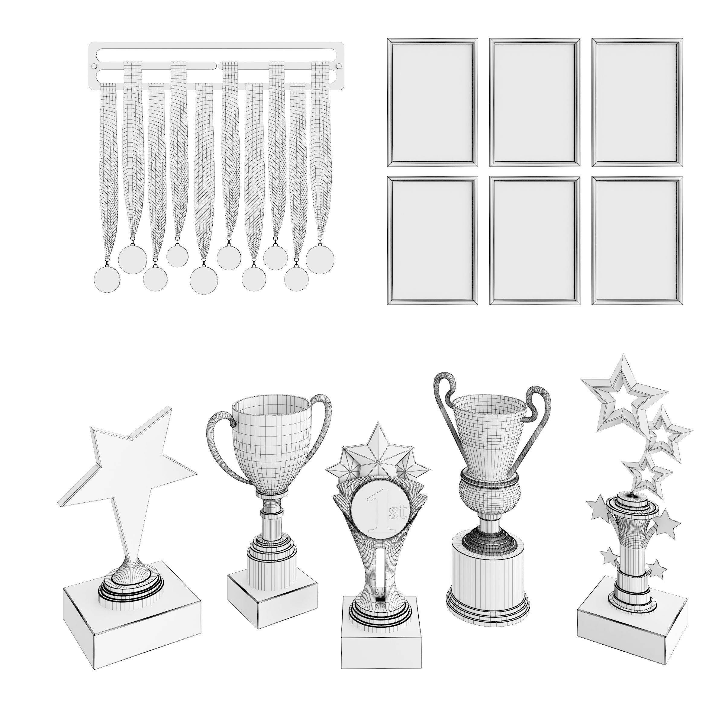 Awards set trophies and medals 3D model_1