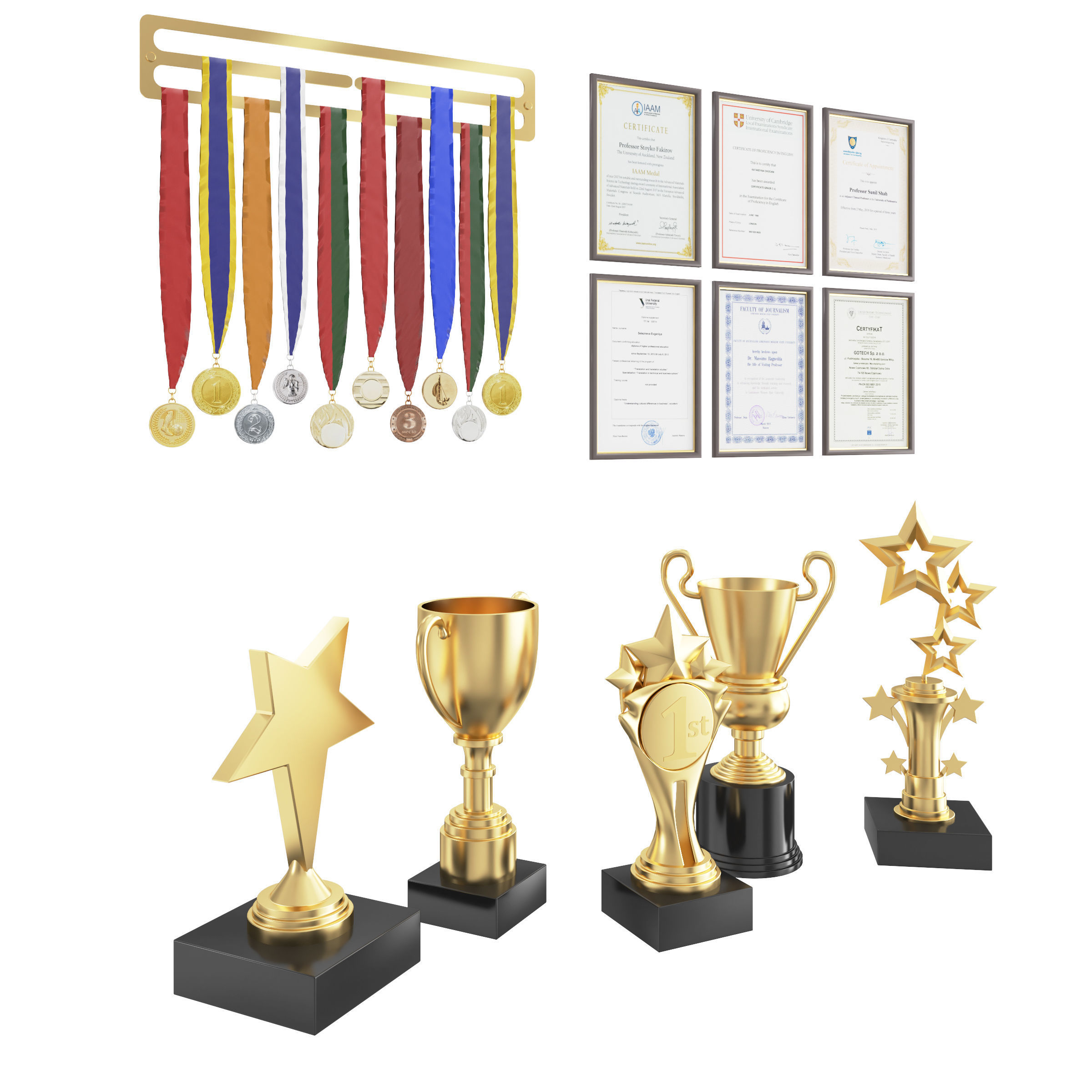 Awards set trophies and medals 3D model_2
