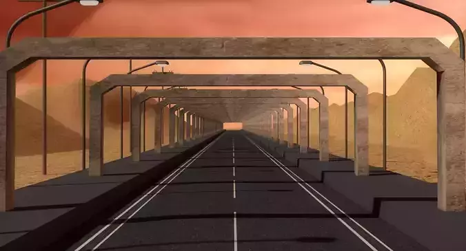 Highway empty train tunnel in desert