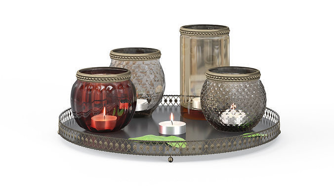 Decorative candle set on metal tray Free 3D model
