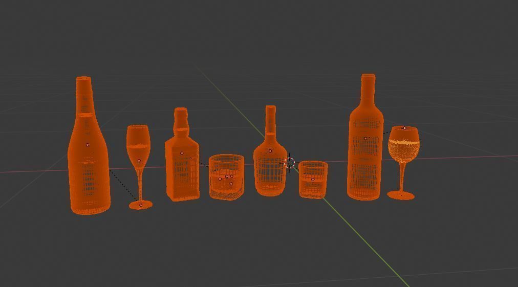 High poly set of 4 bottles with glasses 3D model_5