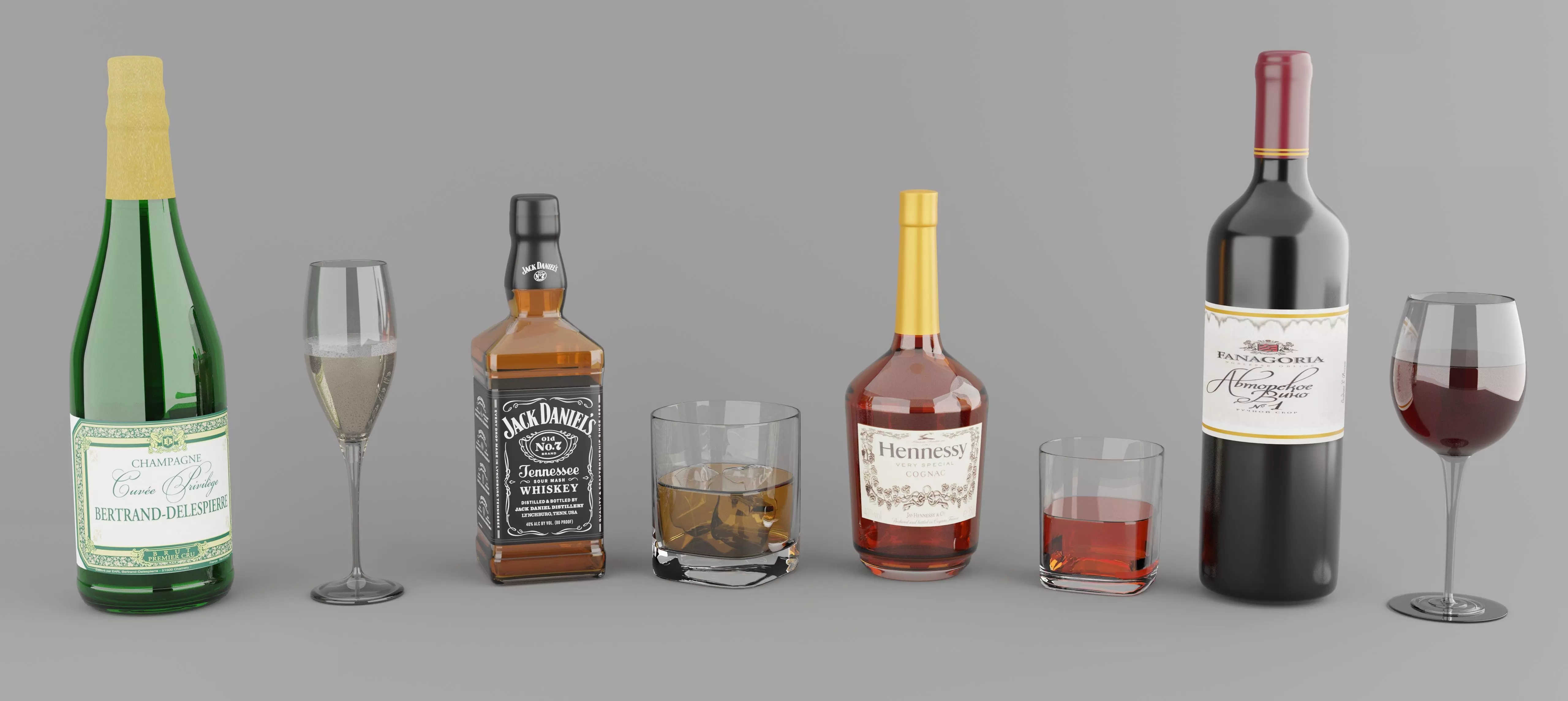 High poly set of 4 bottles with glasses 3D model_0