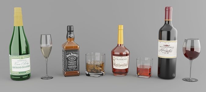 High poly set of 4 bottles with glasses 3D model