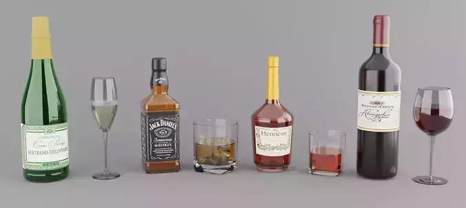 High poly set of 4 bottles with glasses