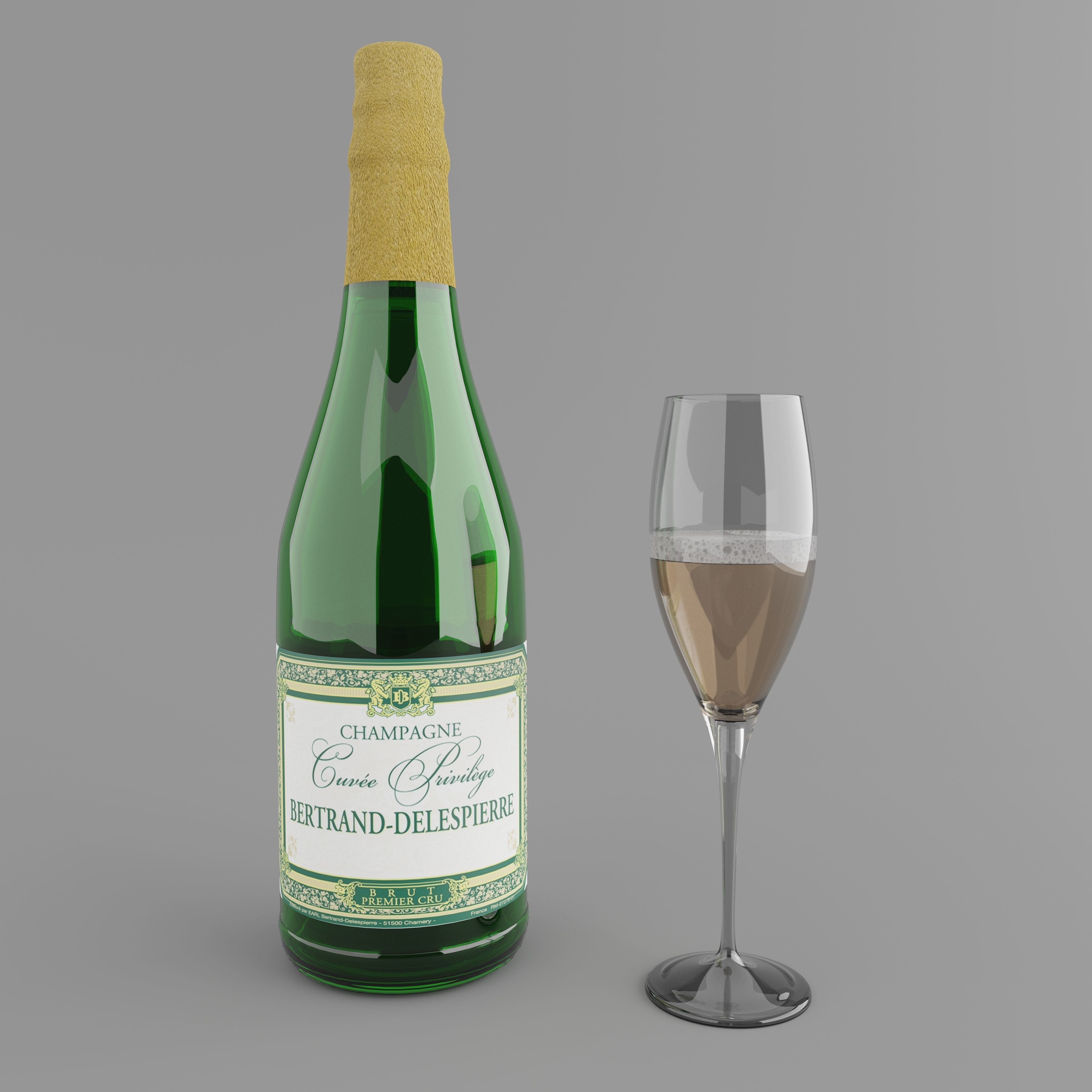 High poly set of 4 bottles with glasses 3D model_1