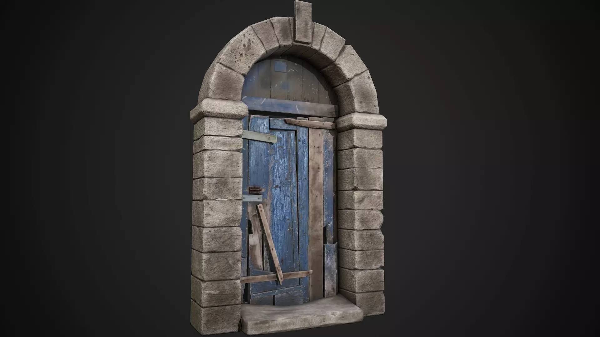 Old Wooden Door with Stone Arch Low-poly 3D model_0