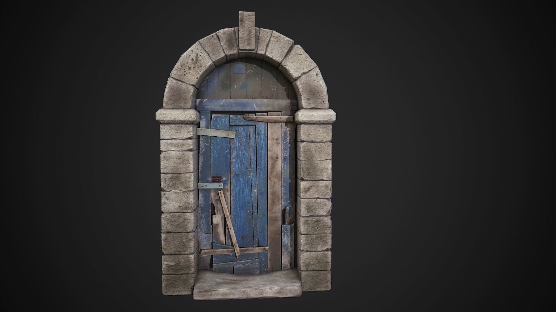 Old Wooden Door with Stone Arch Low-poly 3D model_1