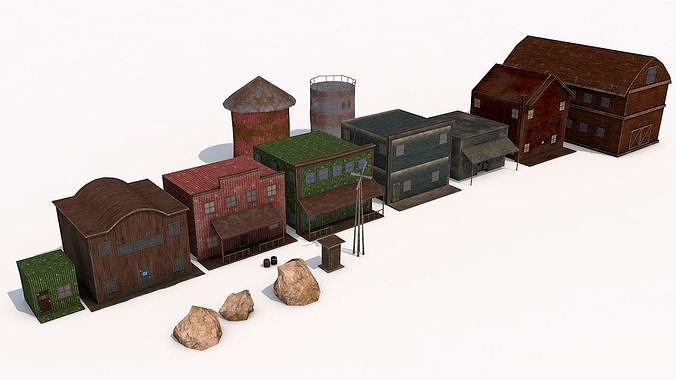 realistic wild west buildings and props low poly game ready Low-poly 3D model