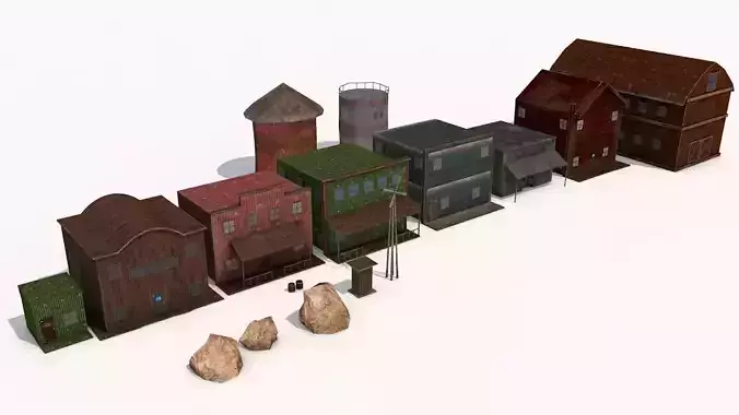 realistic wild west buildings and props low poly game ready