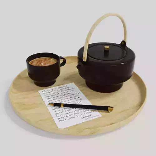 Decorative set teapot and cup on wooden tray