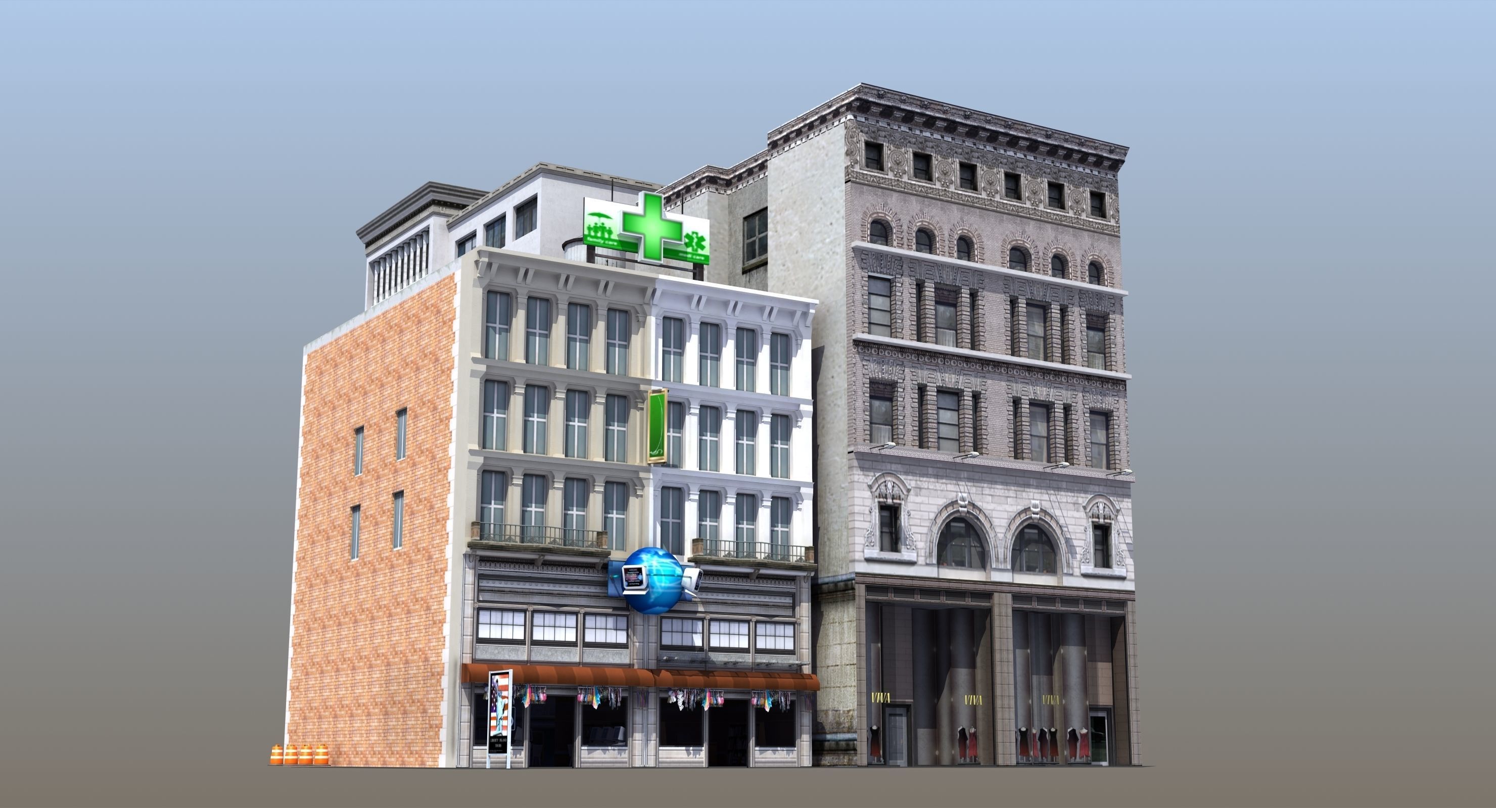 Downtown Stores Low-poly 3D model_1