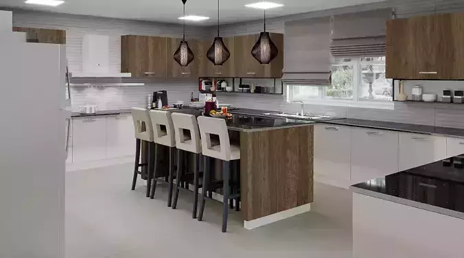Kitchen modern with wooden cabinets and counter tops